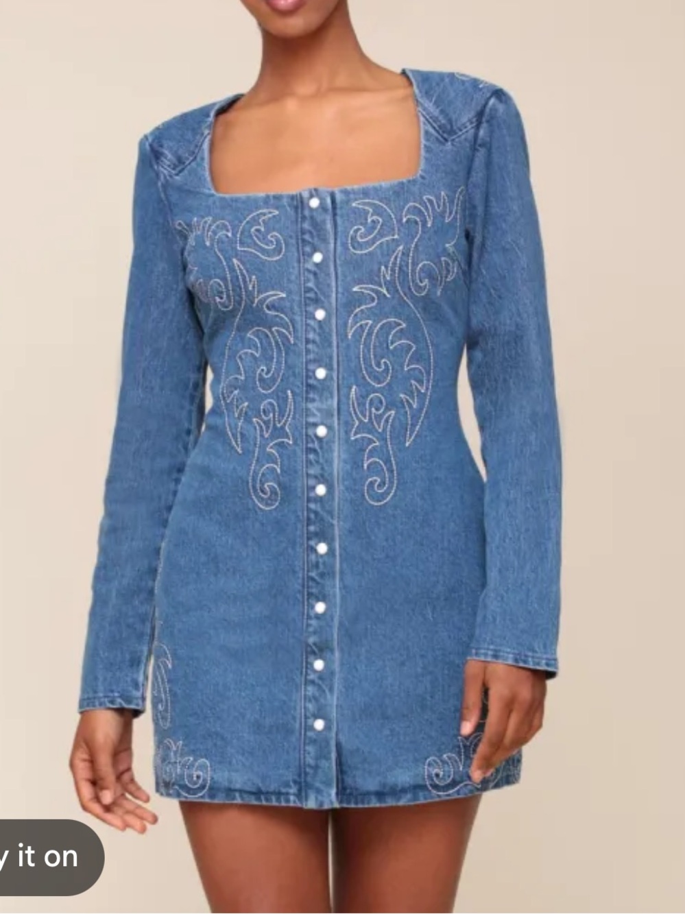 Avec Les Filles Western Embroidered Denim Long Sleeve Dress